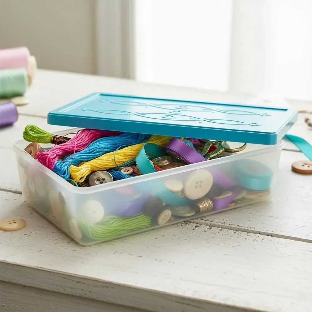 Vintage Mid Century Plastic Storage Box-Teal Lid-Organizer-Sewing-Craft-Kitchen